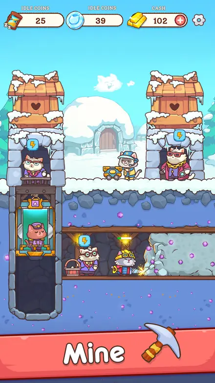 Cat characters mining gems in a snowy underground base in Cat Miners: Mining Gold Tycoon