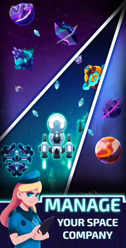 Fleet of ships and planets in a starfield in Idle Planet Miner