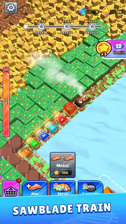 Freight train and merge board over a railway network in Train Idle Miner: Merge Tycoon