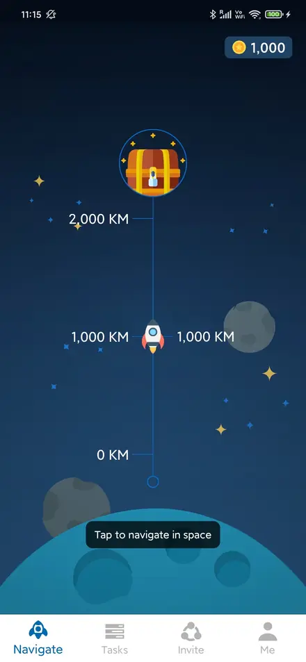 Spaceship travelling toward a distant destination marker in Treasure Hunt