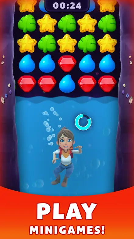 Colourful match-3 board of stars, gems and leaves in Treasure Party