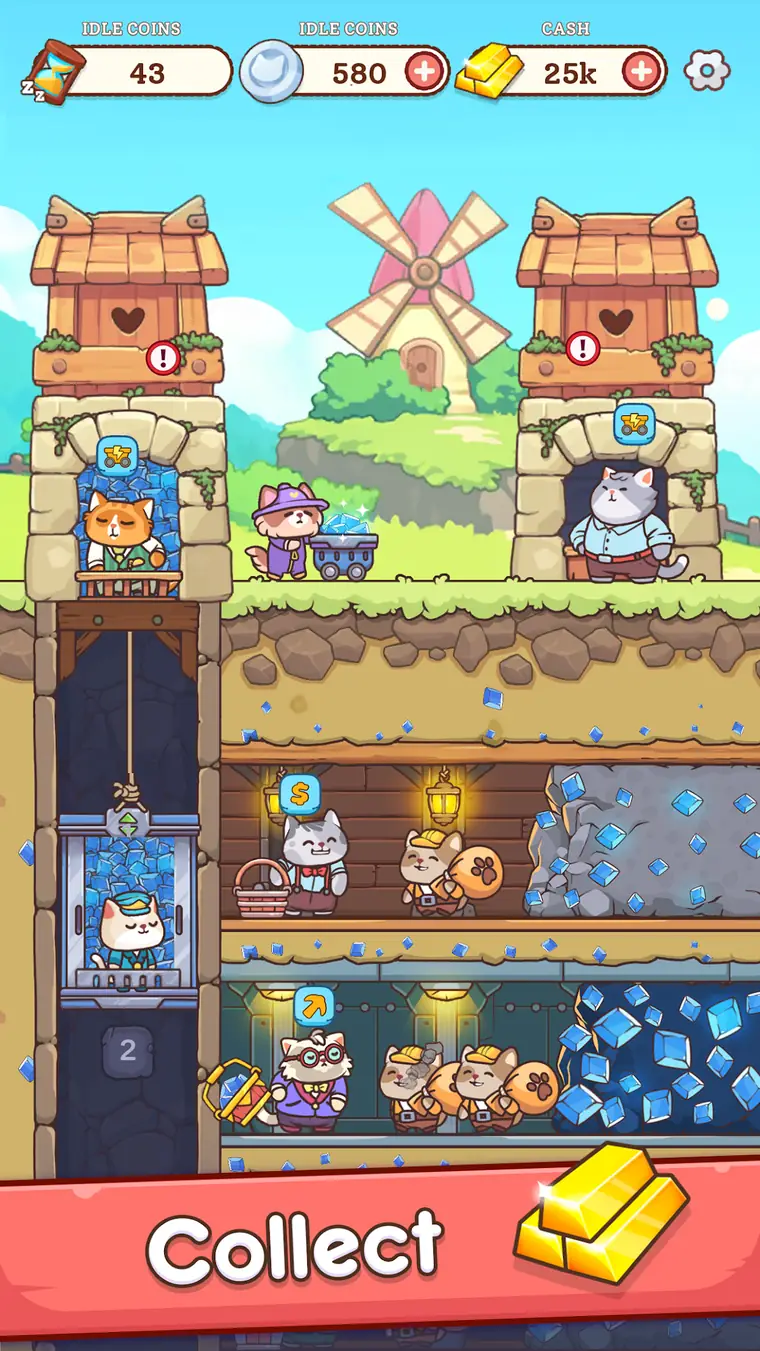 Gem vein being mined by cat characters underground in Cat Miners