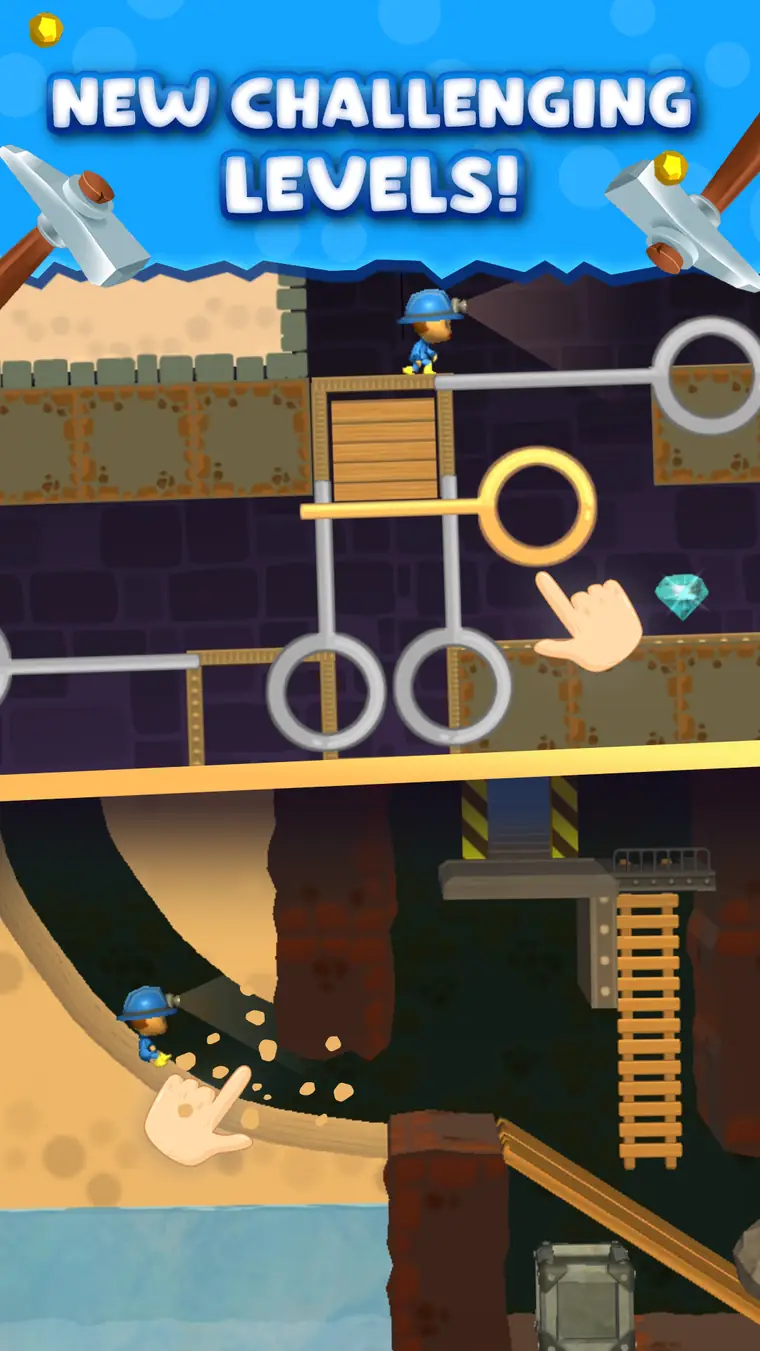 Sand-clearing puzzle with hazards near the rescue target in Mine Rescue