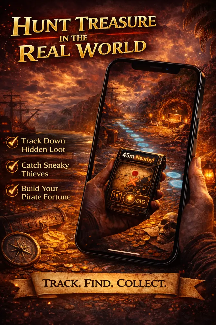 Pirate-themed geolocation map showing a trail of dropped loot