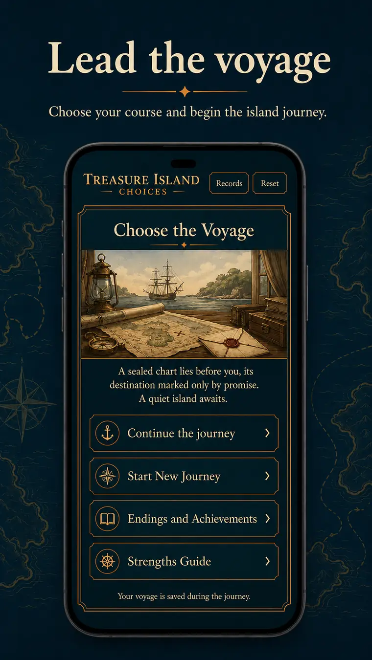 Sealed chart and island scene opening a chapter in Treasure Island Choices