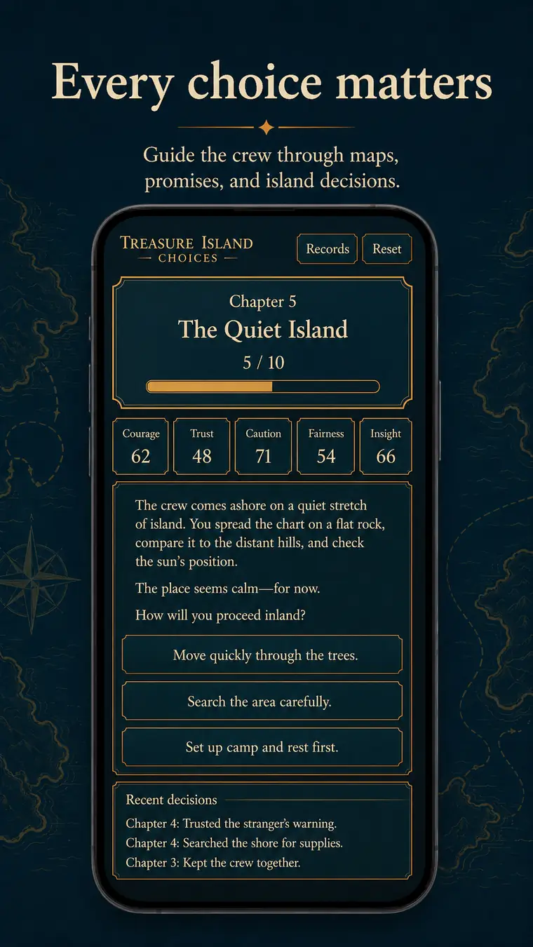Decision screen offering different paths for the crew in Treasure Island Choices